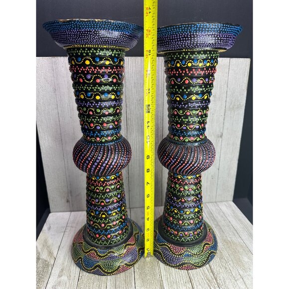Vtg Folk Art Wood Candle Holder Hand Painted Rainbow Colors 16.5" Set of 2 - Picture 6 of 8
